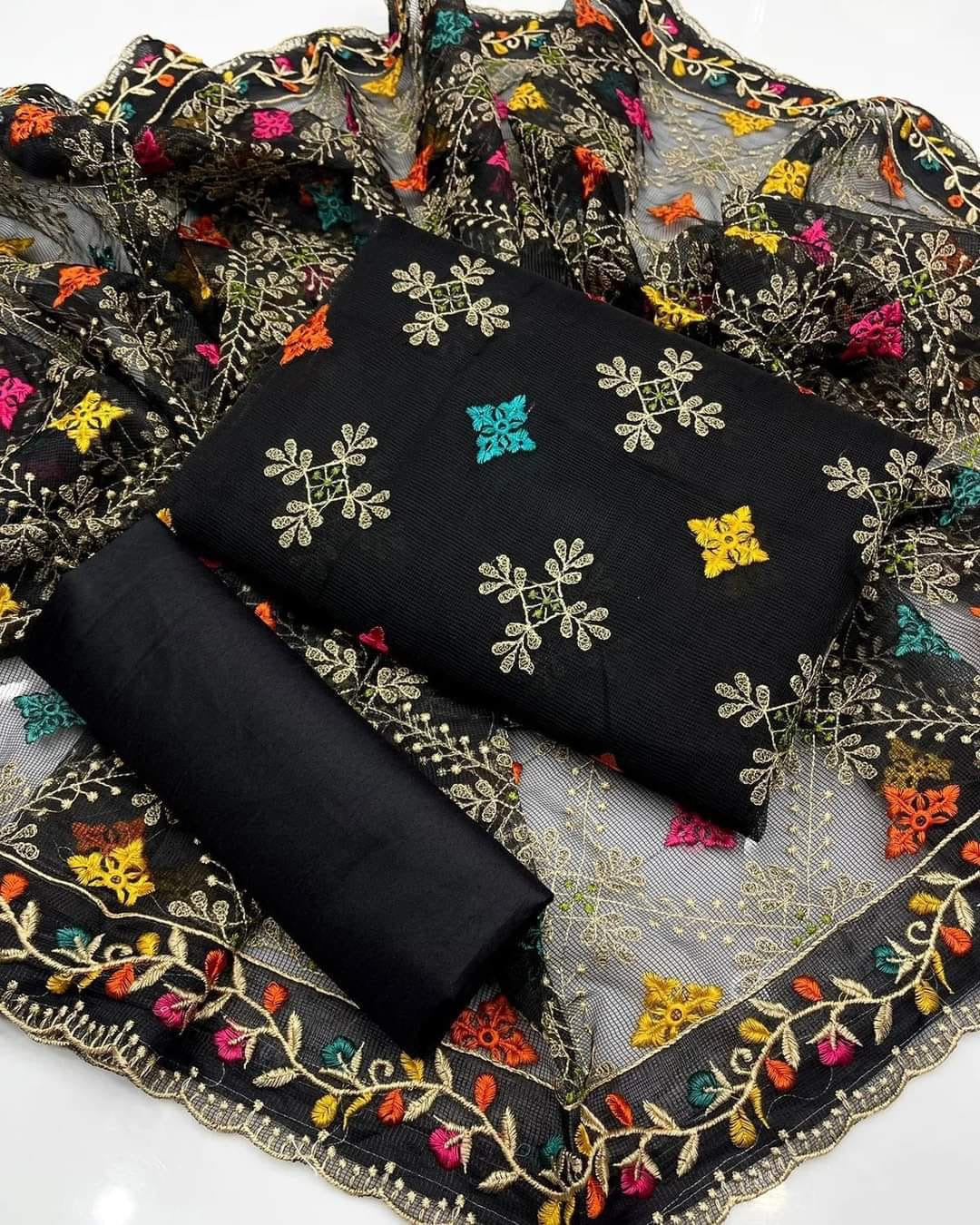 Black Embroidered cotton unstitched dress