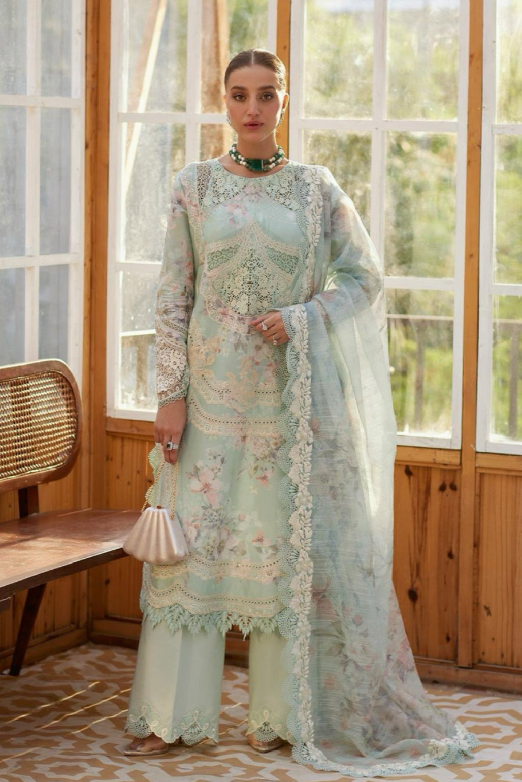 Crimson Aqua Lawn With Chiffon Dupatta Unstitched Dres