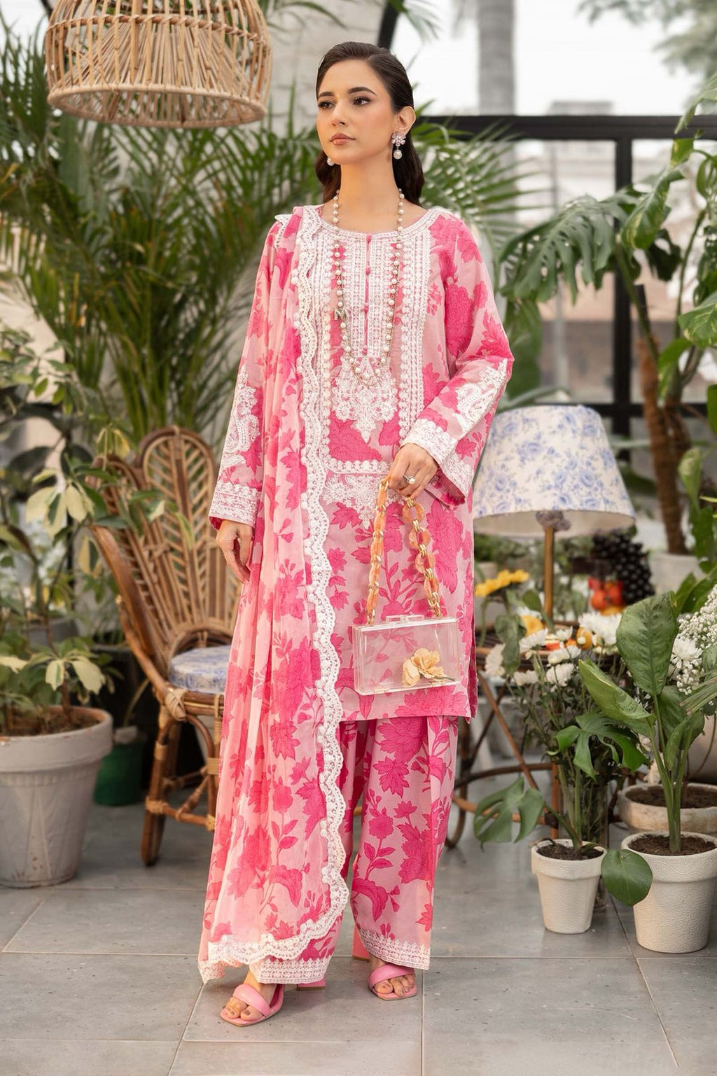 3 piece printed lawn suit pink