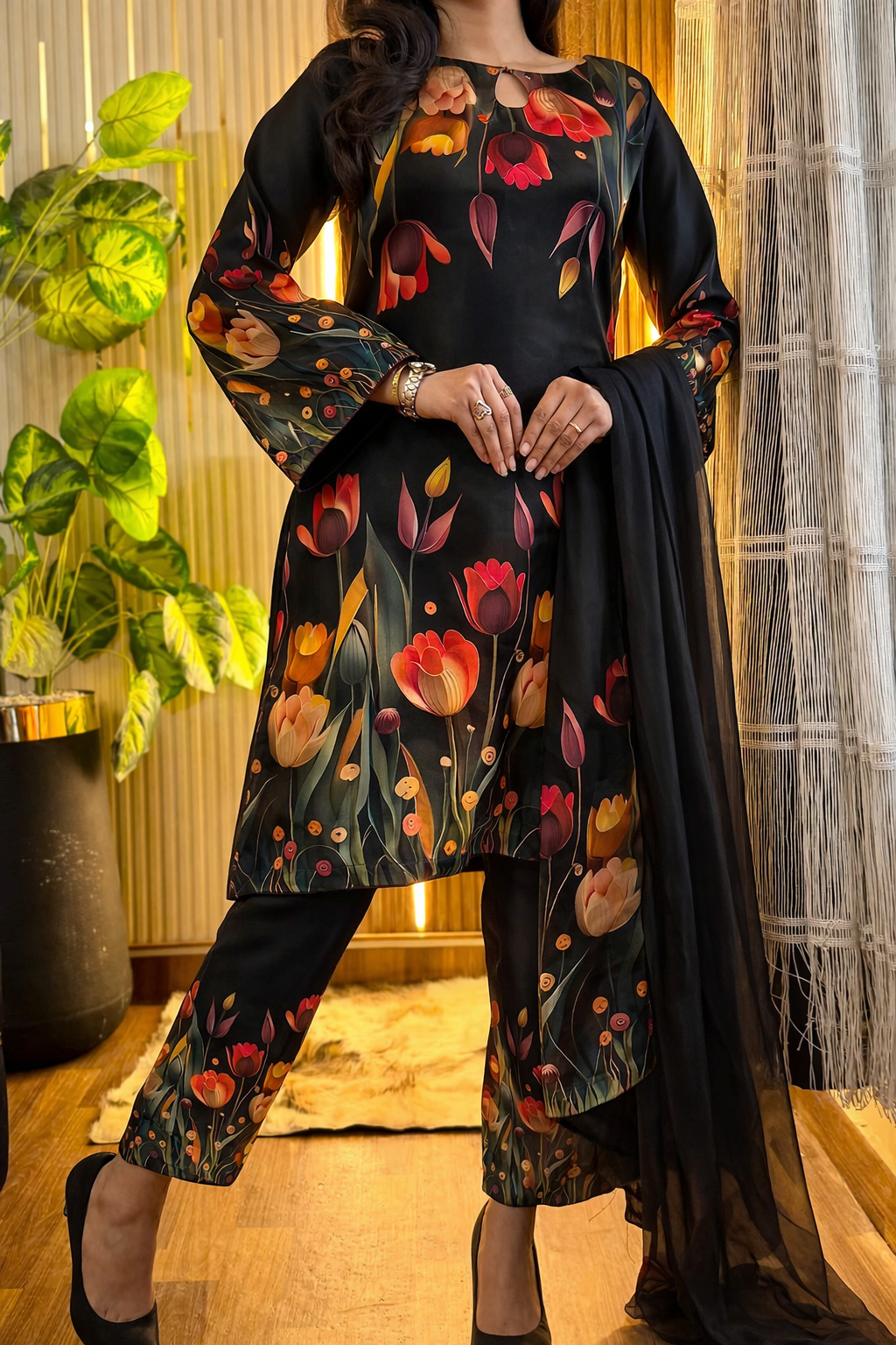 Digital Print Silk 3Pcs (3D FLOWERS) Black - Kapra Collection