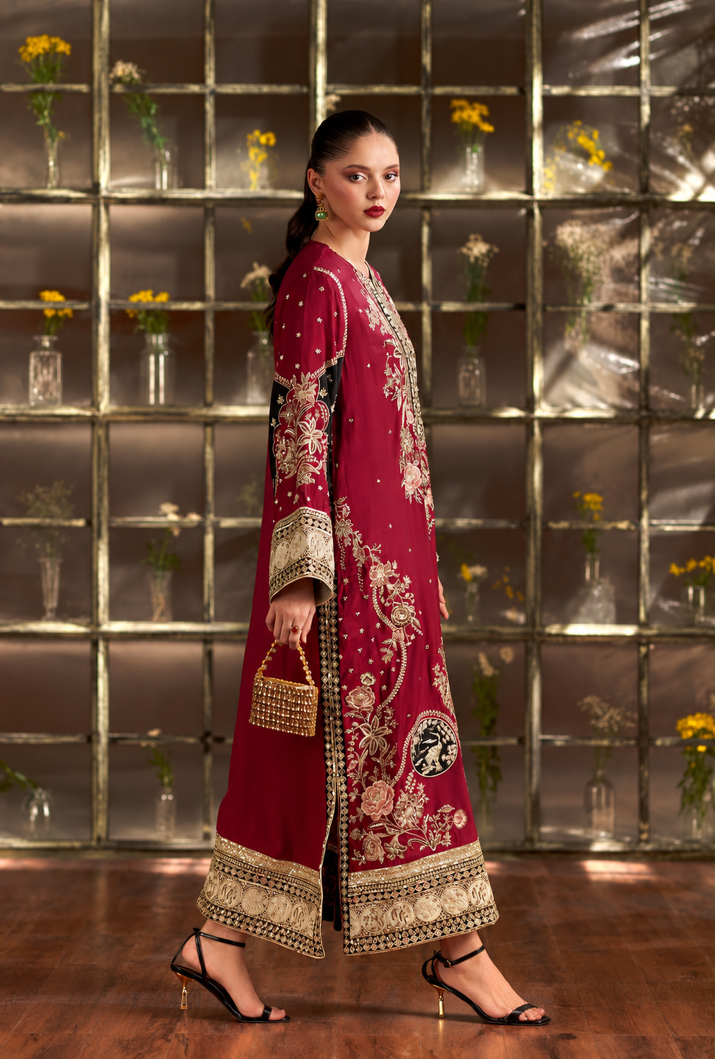 Zareefa – Maroon Gold Embroidered Silk Kaftan