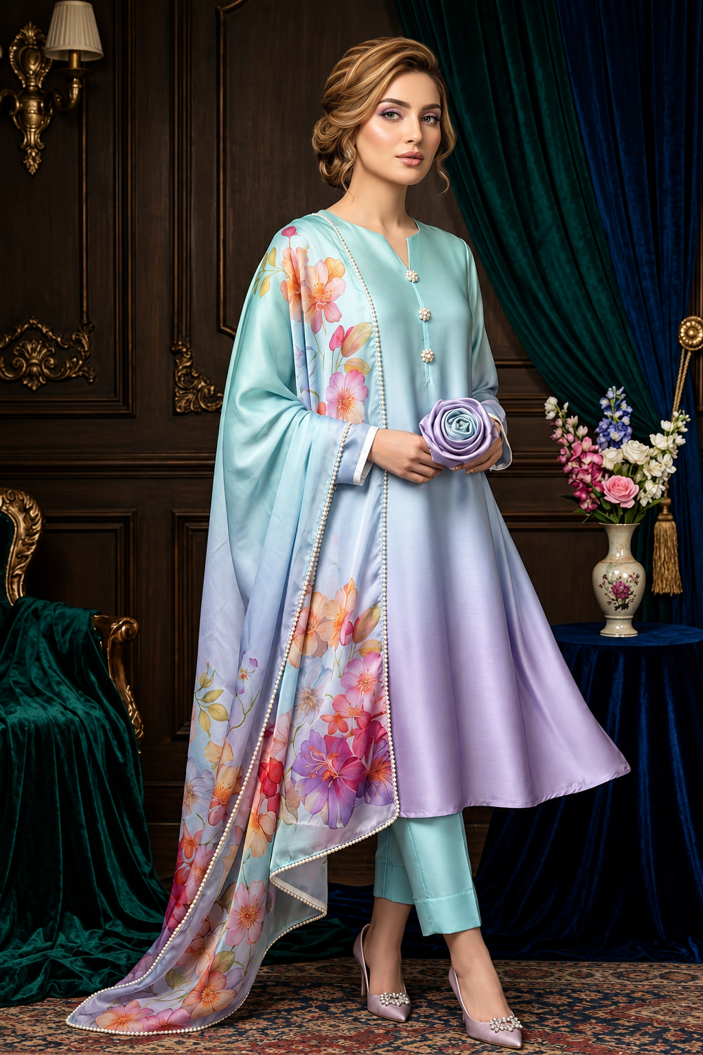 Nayreen – Aqua Lilac Shamoze Silk Suit
