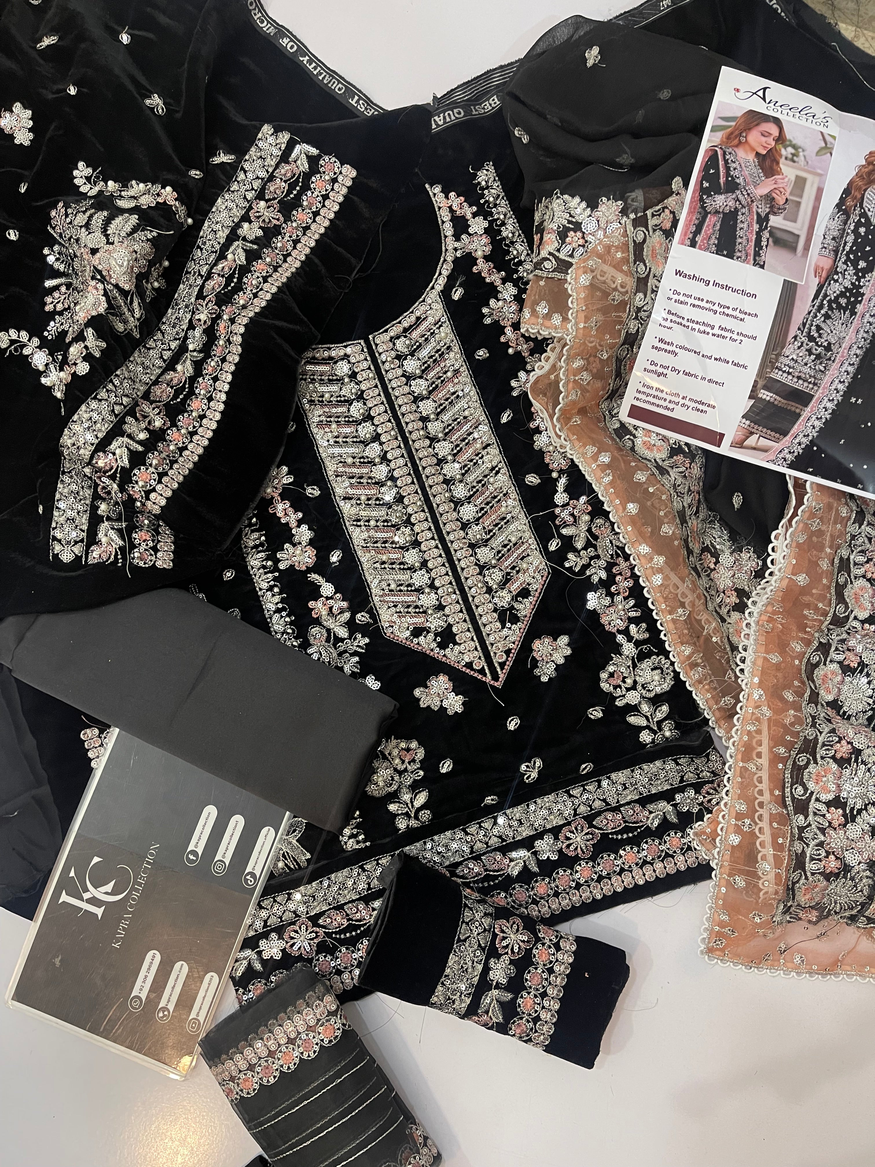 Aneelas Black Velvet 3piece Dress