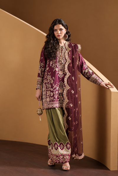 Ruhaina – Ethnic Inspired Wine Embroidered Raw Silk Suit