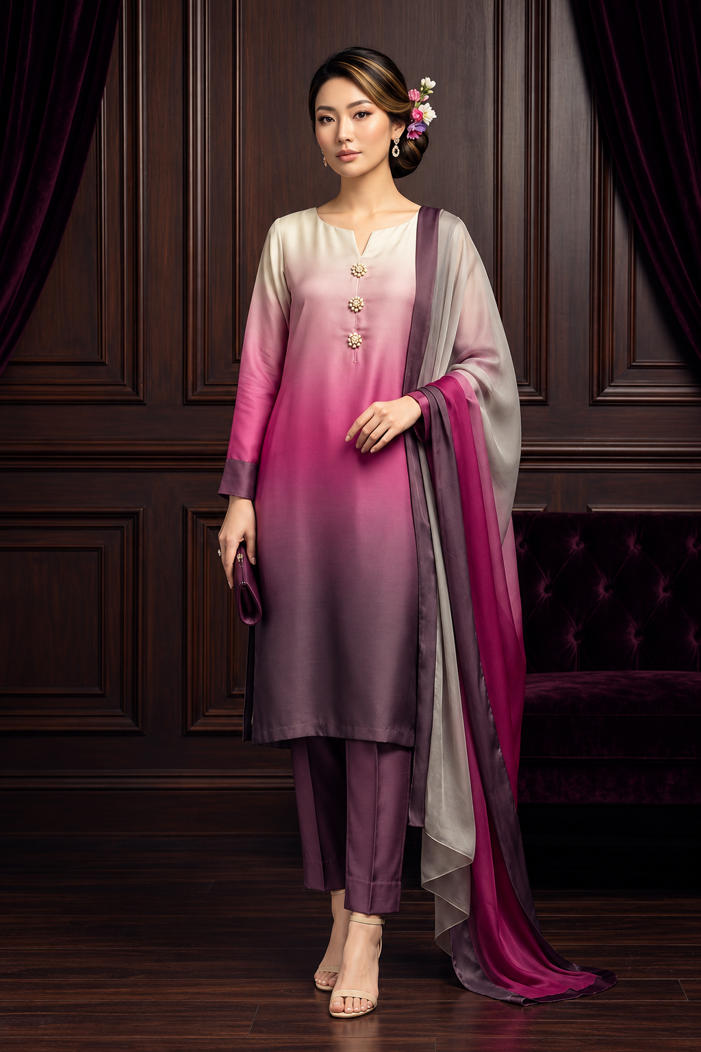 Iffah – Rose Plum Shamoze Silk Suit