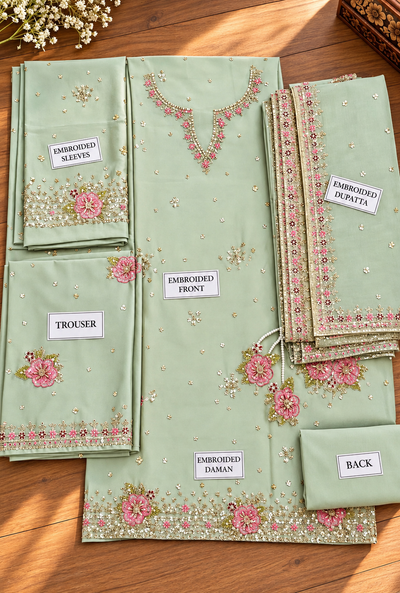 Suhaila – Sage Rose Embroidered Silk Suit