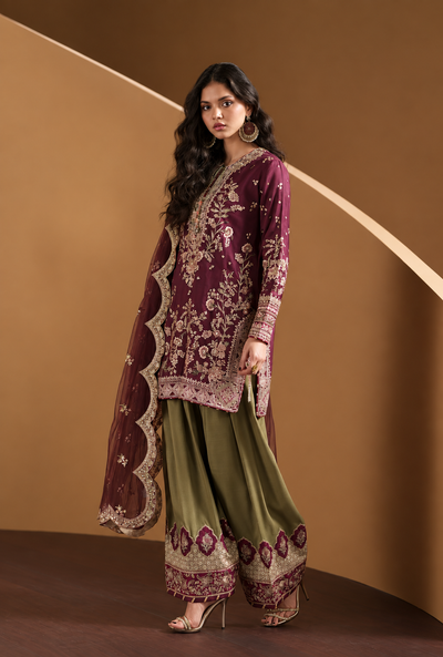 Ruhaina – Ethnic Inspired Wine Embroidered Raw Silk Suit