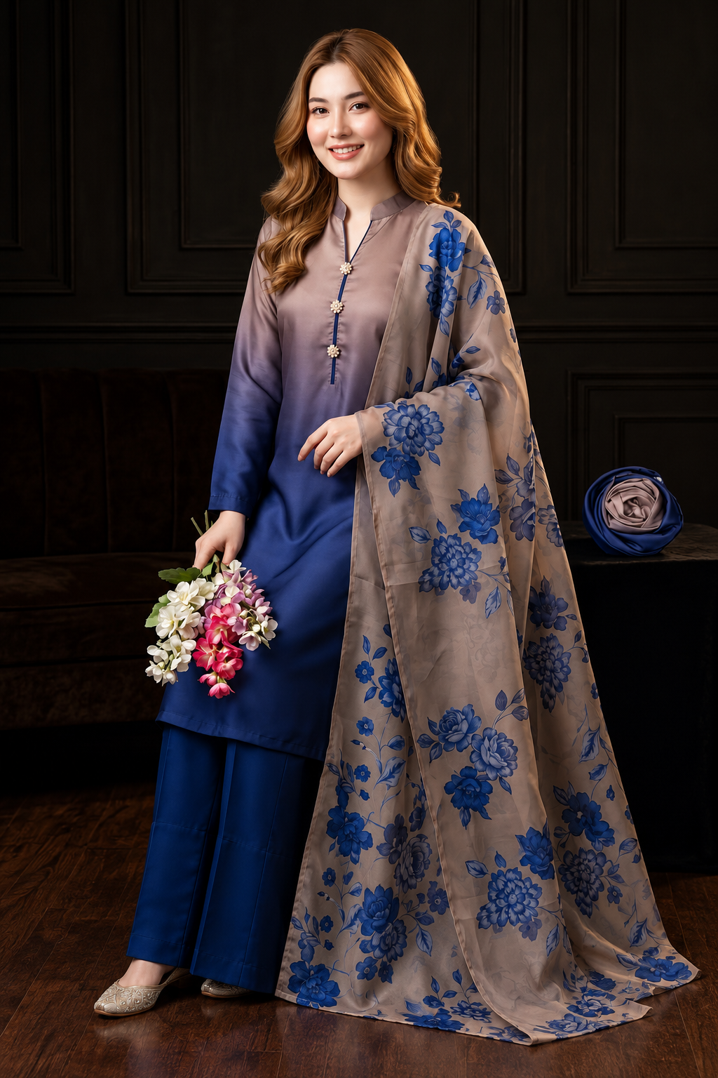 Aseela – Taupe Royal Blue Shamoze Silk Suit