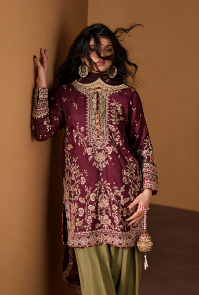 Ruhaina – Ethnic Inspired Wine Embroidered Raw Silk Suit