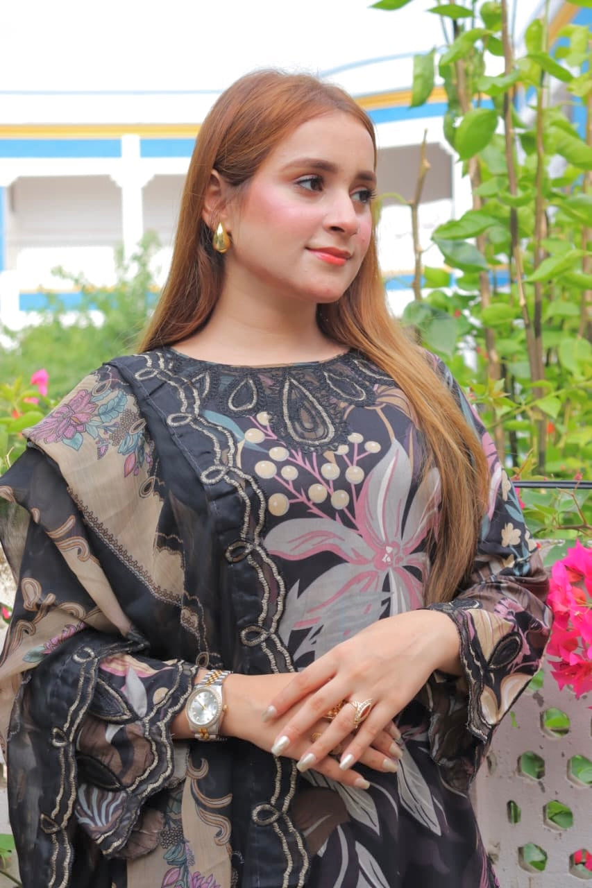Baroque 3 piece Unstitched Digital Printed Black Dress