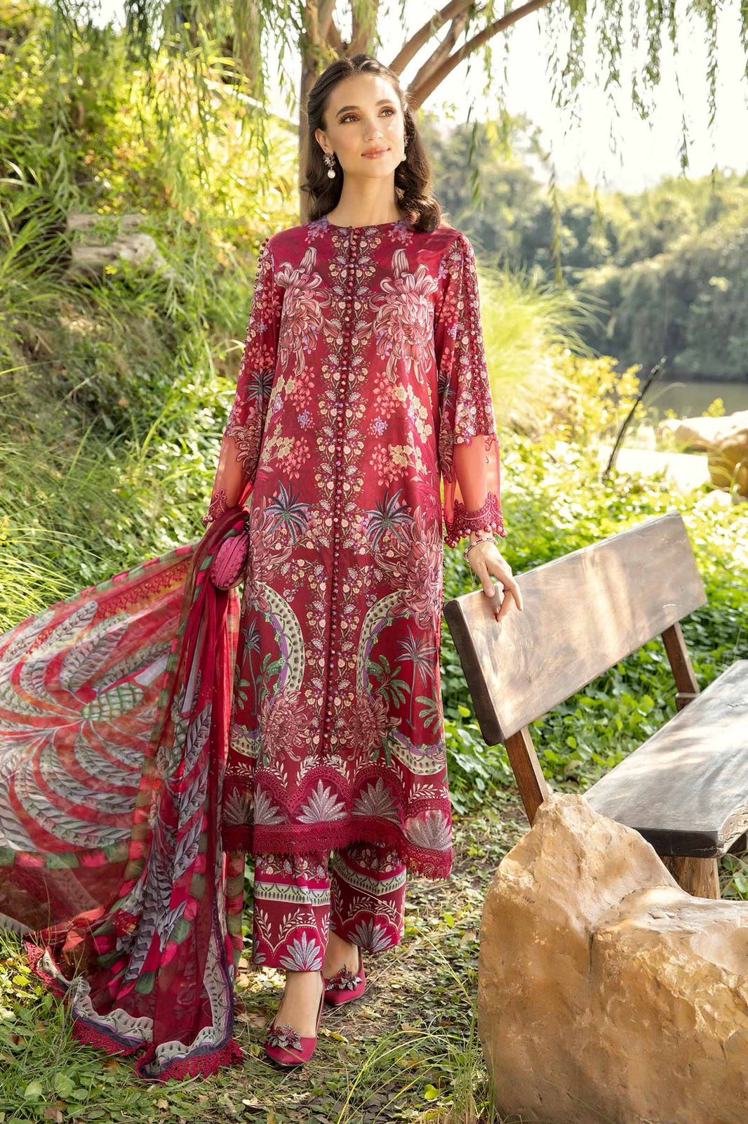 M print mehroon lawn unstitched