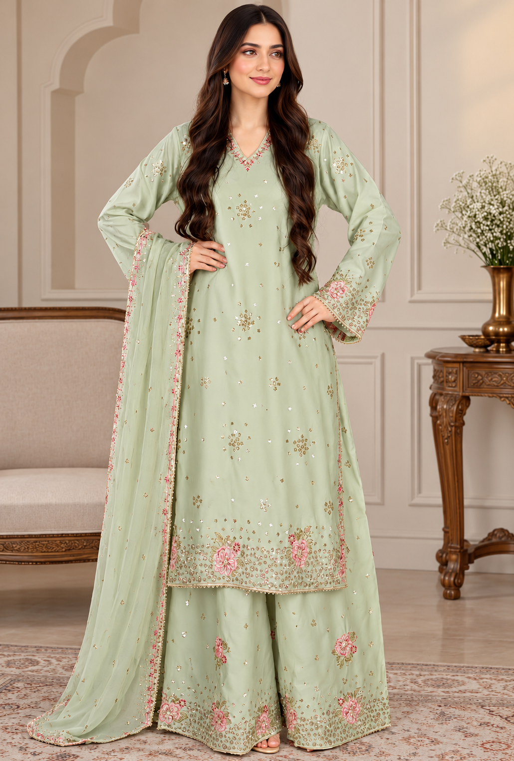 Suhaila – Sage Rose Embroidered Silk Suit