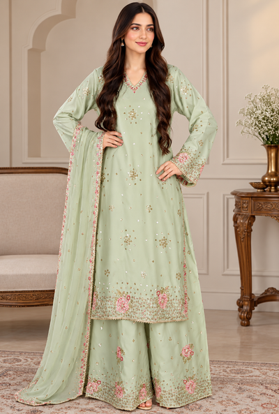 Suhaila – Sage Rose Embroidered Silk Suit