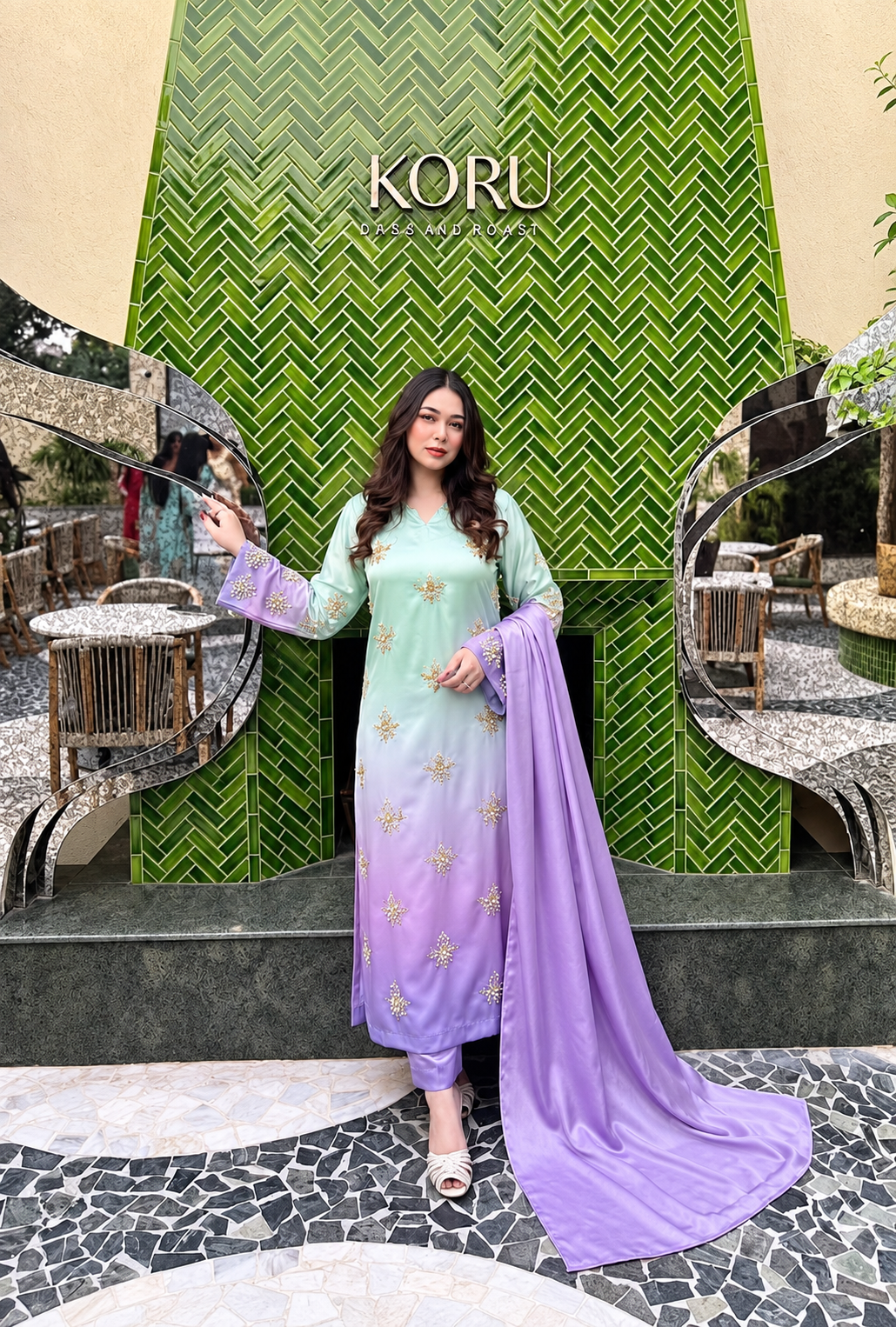 Naureen – Mint Lilac Adda Work Shamoze Silk Suit