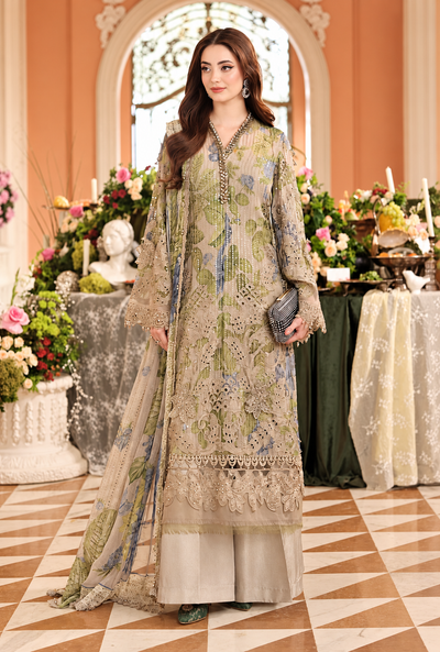 Arezoo – Taupe Bloom Embroidered Chiffon Suit