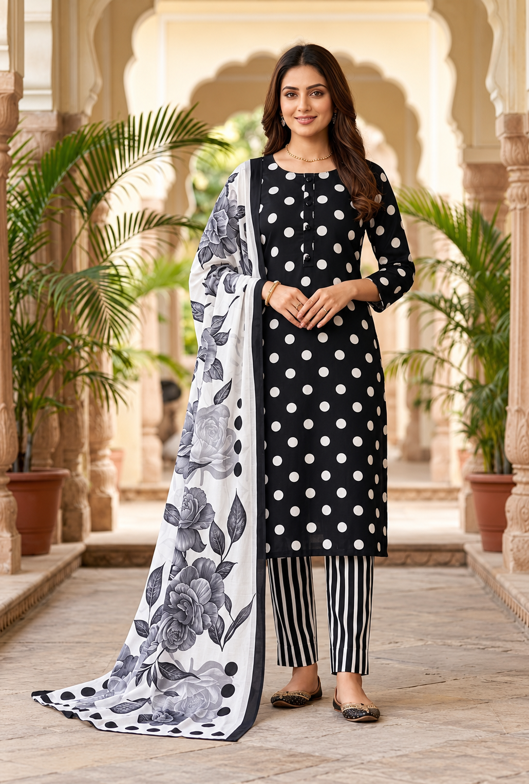 Mahzara – Monochrome Bloom Shamoze Silk Suit