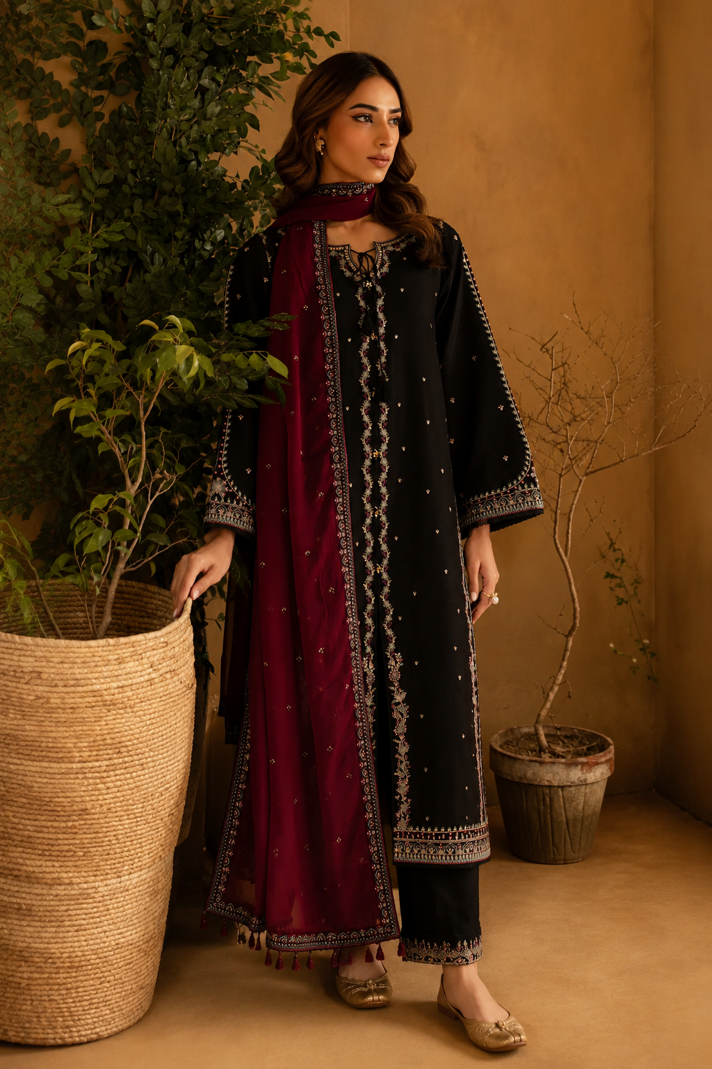 Mahrukh – Noir Maroon Embroidered Cotton Silk 3 Piece Suit | Unstitched
