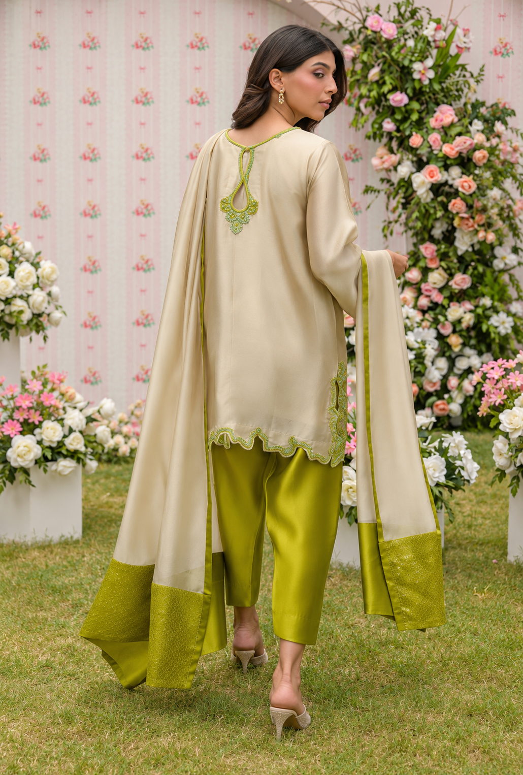 Zehmina – Ivory Lime Embroidered Silk Suit