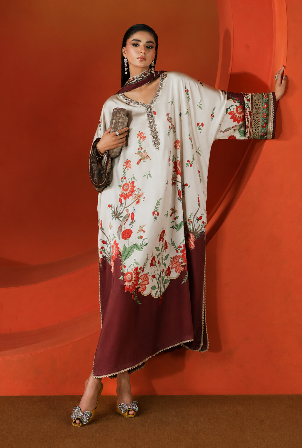 Nashmia – Maria.B Inspired Ivory Maroon Silk Kaftan