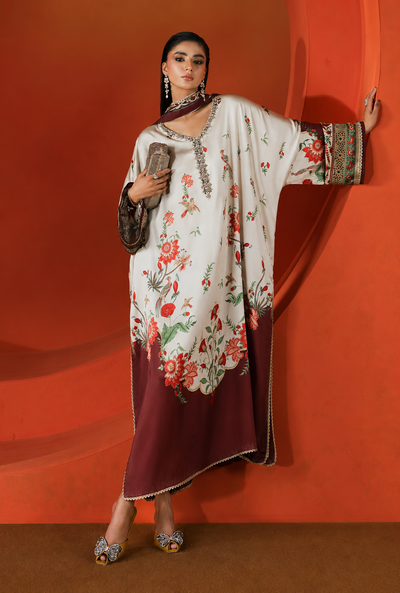 Nashmia – Maria.B Inspired Ivory Maroon Silk Kaftan