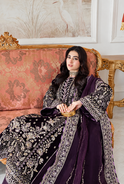 Dureena – Midnight Plum Embroidered Velvet Suit