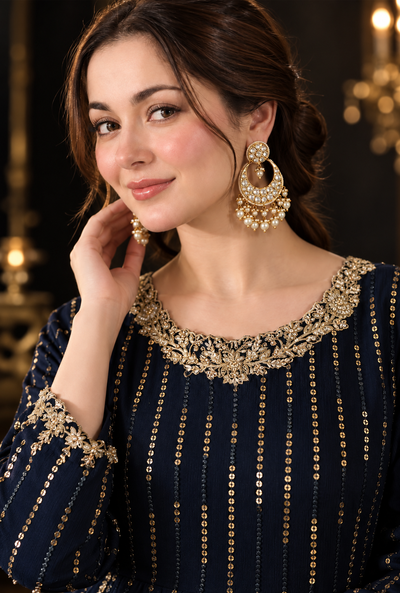 Mehrbano – Midnight Gold Embroidered Chiffon Suit