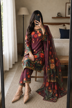 Mahira – Crimson Bloom Shamoze Silk Suit