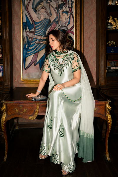 Elham – Golmohar Inspired Mint Shamoze Silk Suit