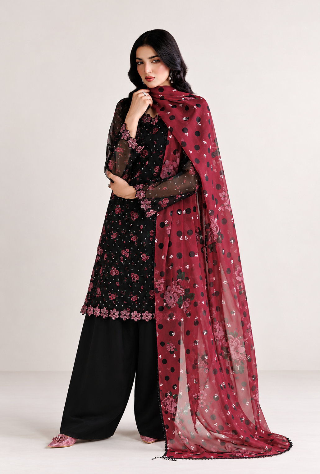 Anousha – Noir Rose Embroidered Chiffon Suit