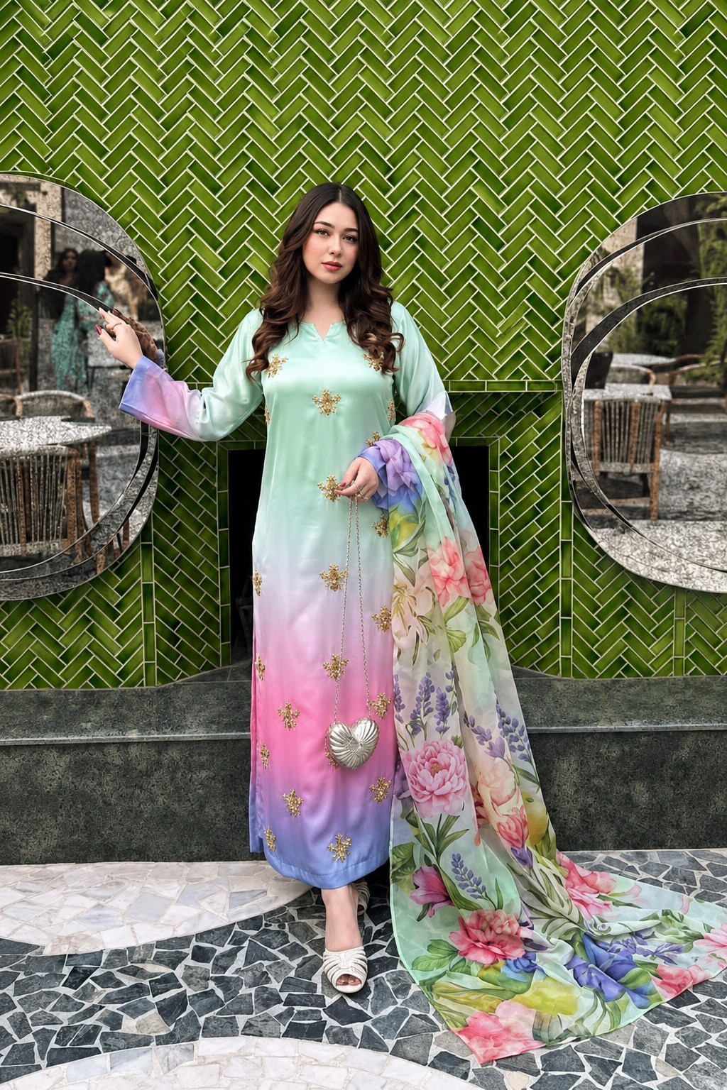 Falak – Mint Rose Shamoze Silk Suit