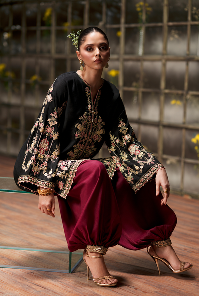 Sareeya – Noir Maroon Embroidered Silk Suit