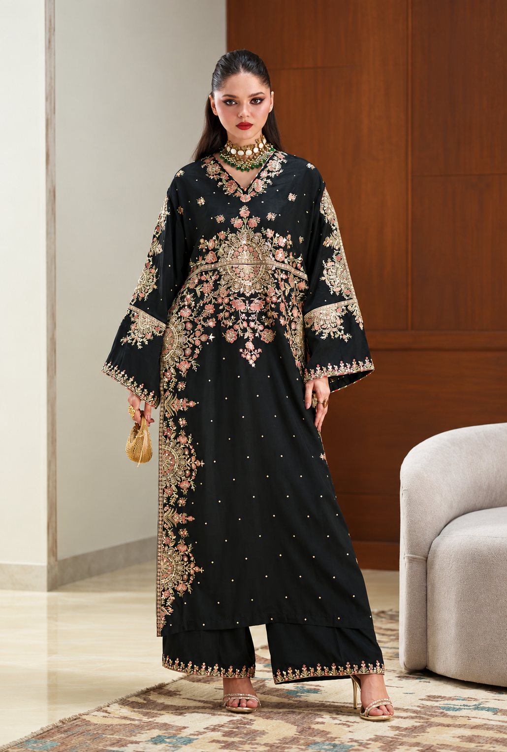 Zohreena – Ethnic Inspired Black Embroidered Silk Kaftan
