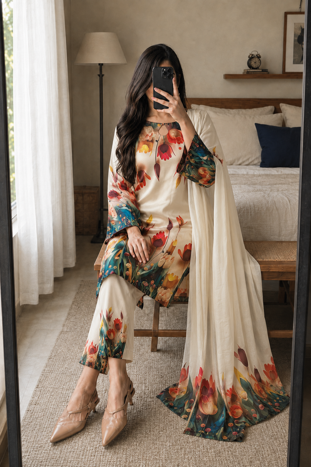Ayesha – Ivory Tulip Shamoze Silk Suit - Kapra Collection