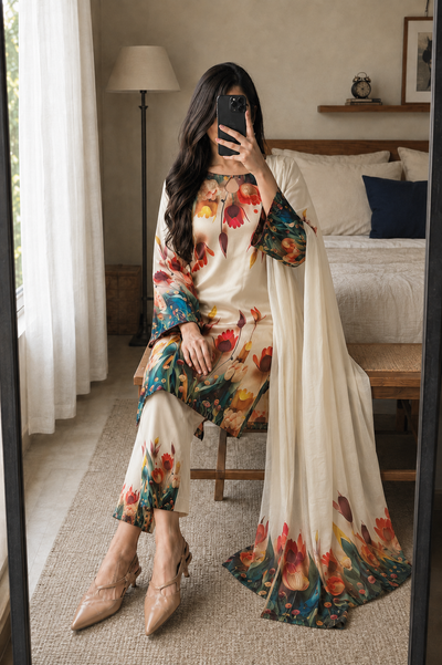 Ayesha – Ivory Tulip Shamoze Silk Suit - Kapra Collection