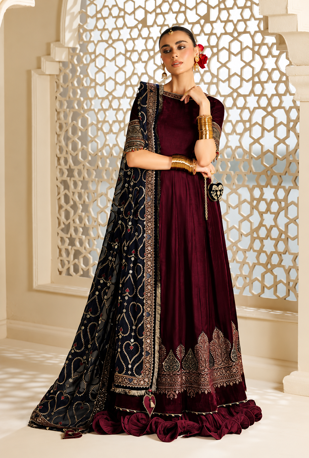Dilara – Maroon Gold Embroidered Velvet Maxi