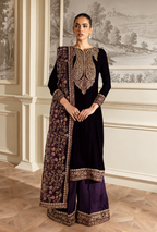 Lamees – Plum Gold Embroidered Velvet Suit