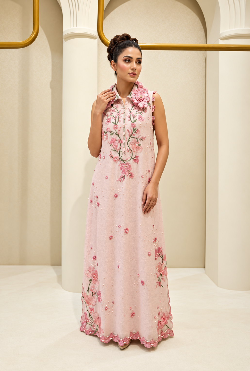 Azeera – Blush Bloom Embroidered Silk Kaftan
