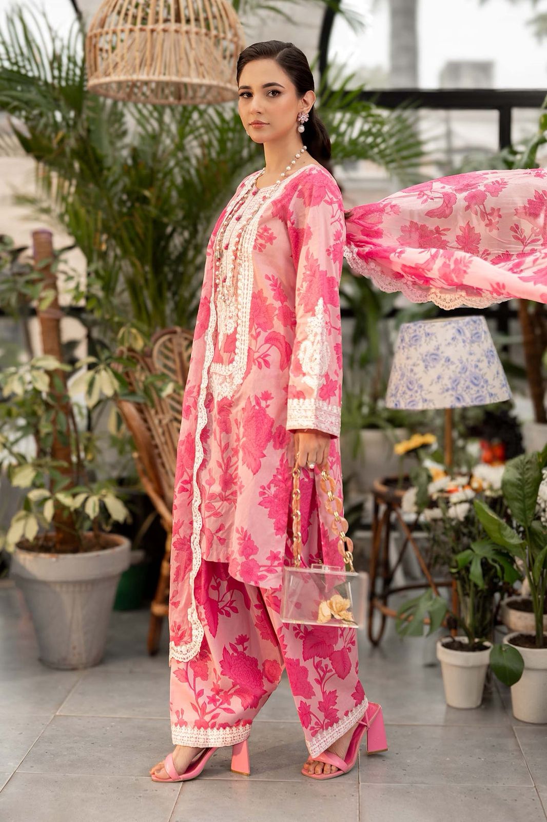 3 piece printed lawn suit pink