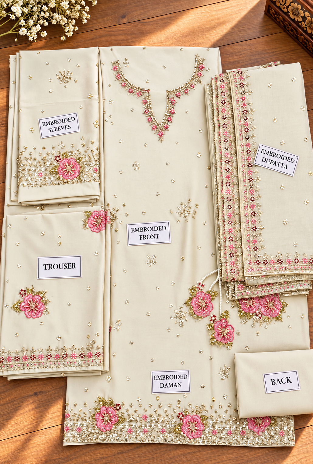 Zuhaira – Ivory Rose Embroidered Silk Suit