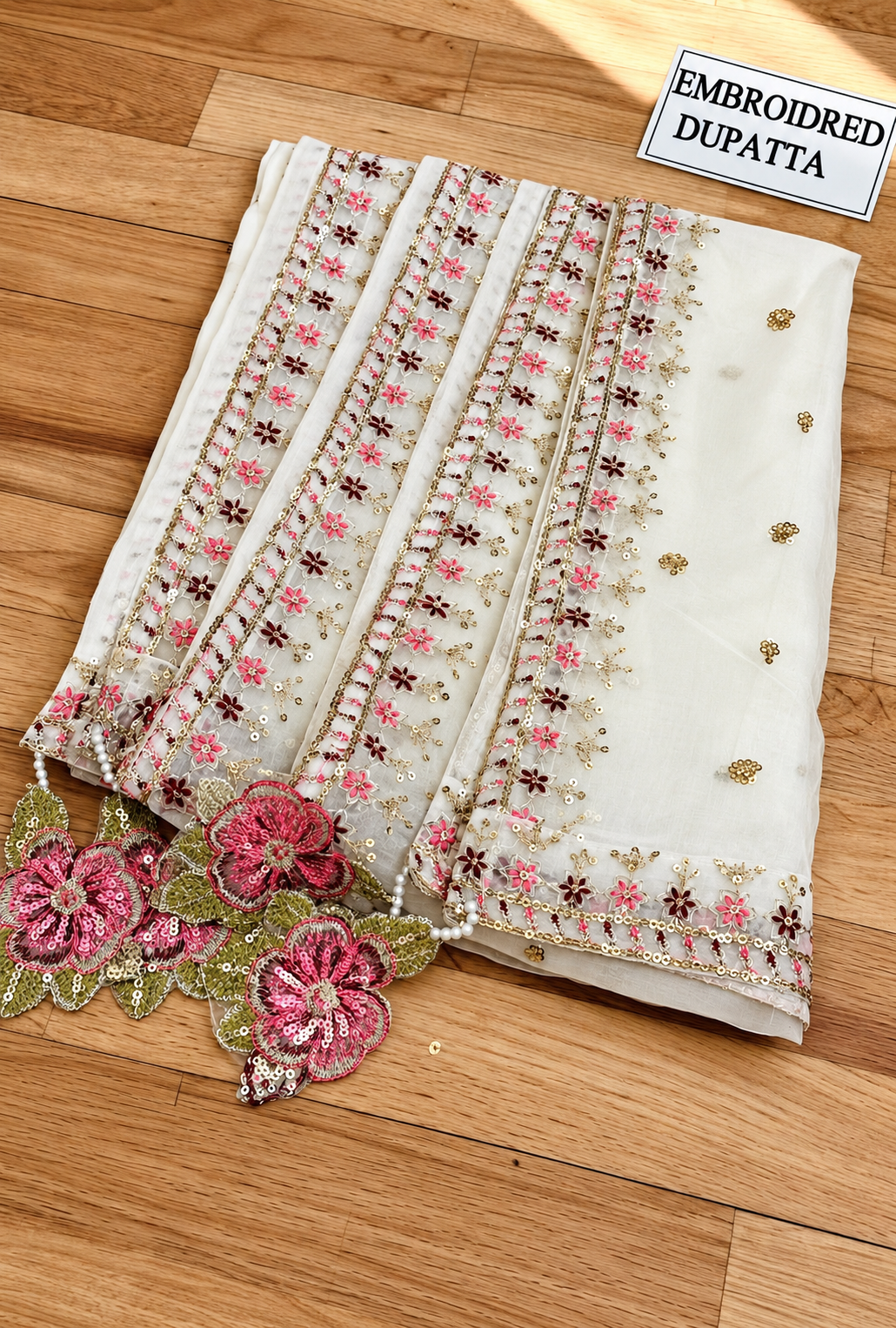 Zuhaira – Ivory Rose Embroidered Silk Suit
