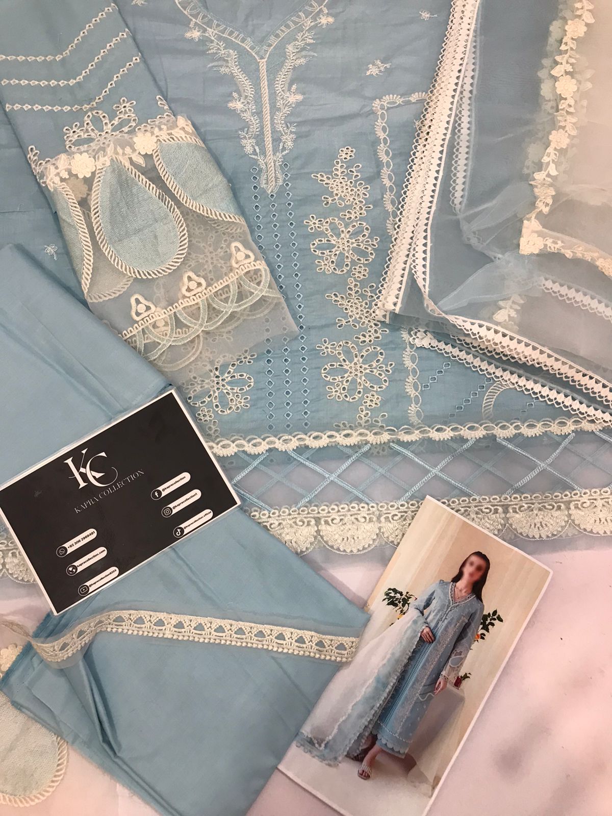 Luxury sky blue embroidered chikankari replica - Kapra Collection