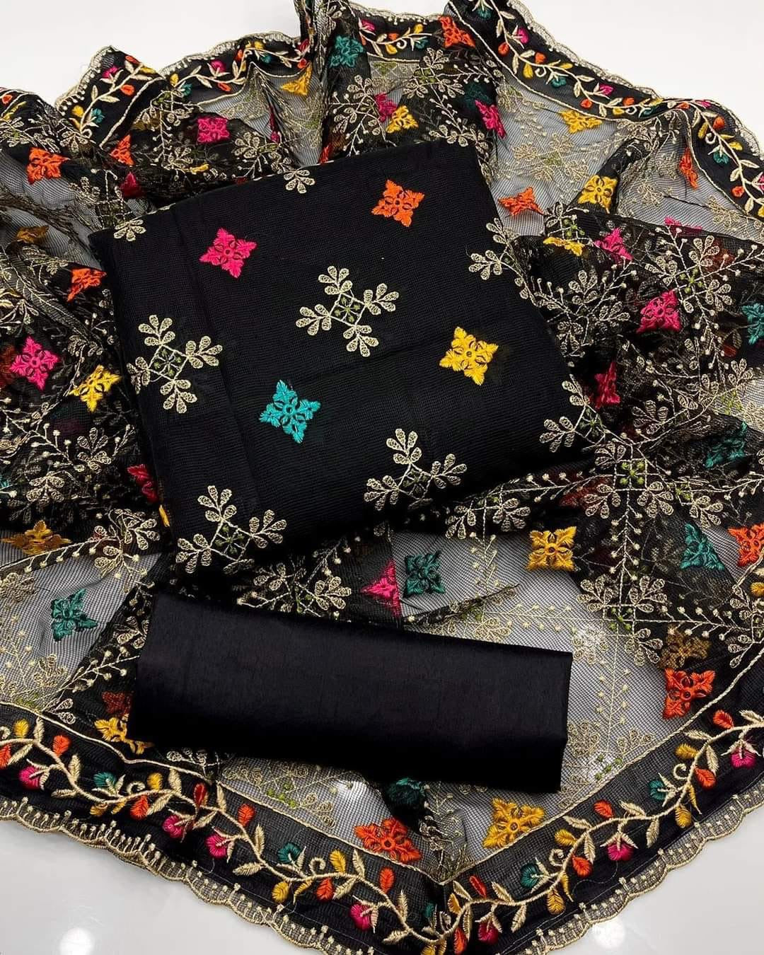 Black Embroidered cotton unstitched dress