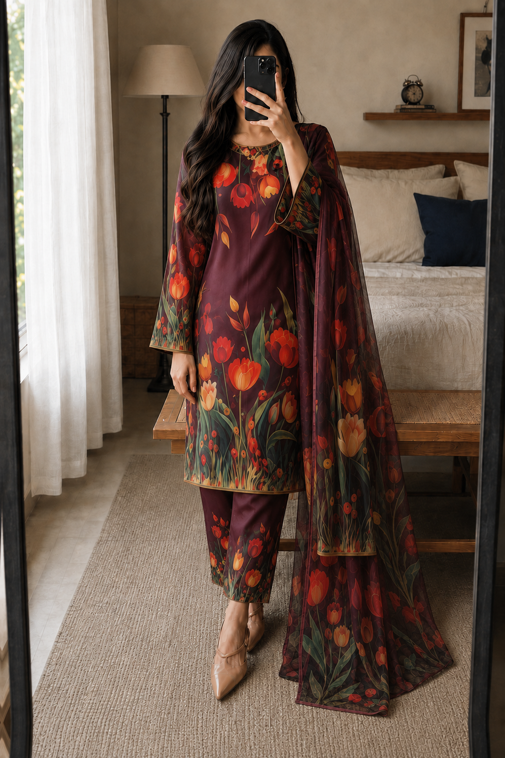 Mahira – Crimson Bloom Shamoze Silk Suit