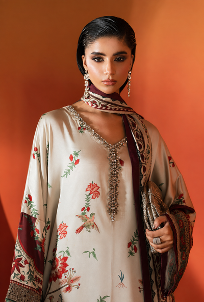 Nashmia – Maria.B Inspired Ivory Maroon Silk Kaftan