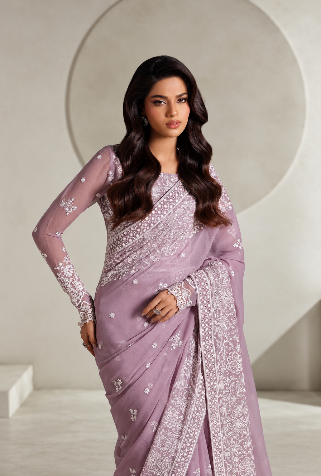 Shanaya – Dusty Lilac Embroidered Chiffon Saree
