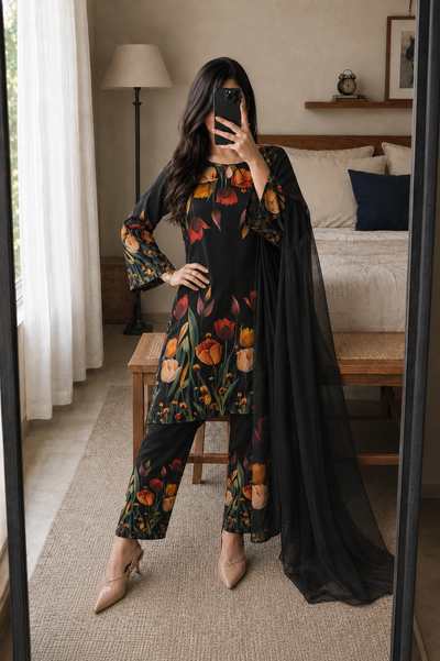Hoor – Midnight Tulip Shamoze Silk Suit - Kapra Collection