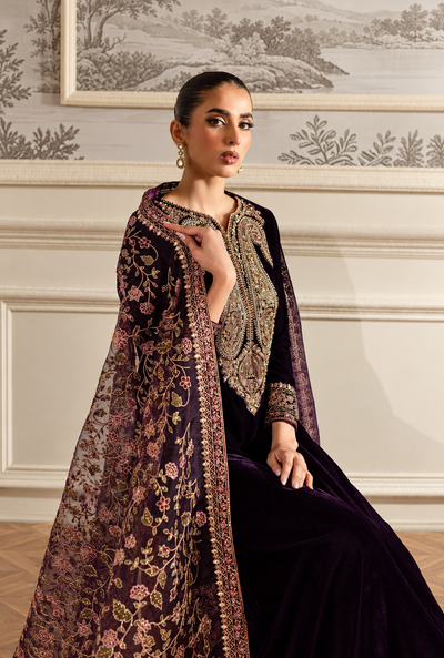 Lamees – Plum Gold Embroidered Velvet Suit