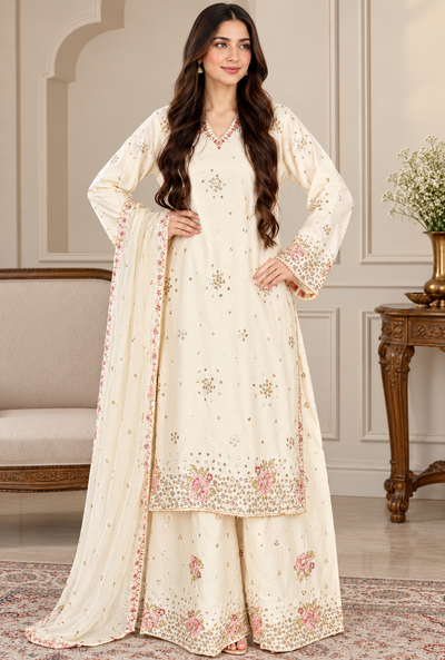 Zuhaira – Ivory Rose Embroidered Silk Suit