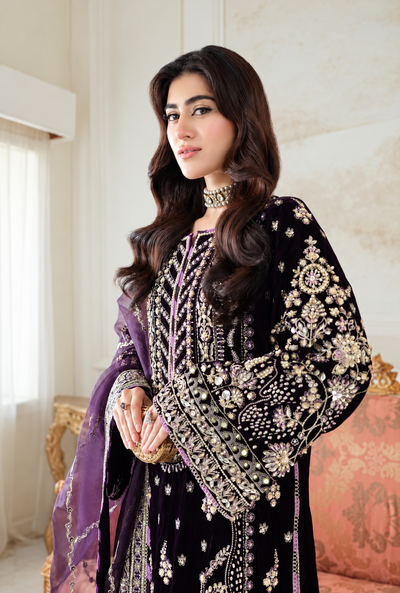 Dureena – Midnight Plum Embroidered Velvet Suit