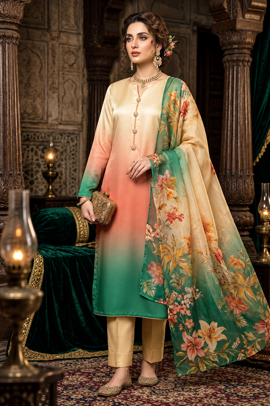 Mahreen – Coral Emerald Shamoze Silk Suit